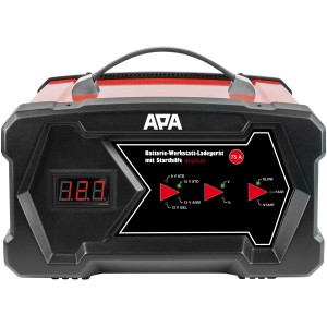 APA Werkstattladegerät Digital 6/12V mit Digitaldisplay, Starthilfe und Tragegriff.