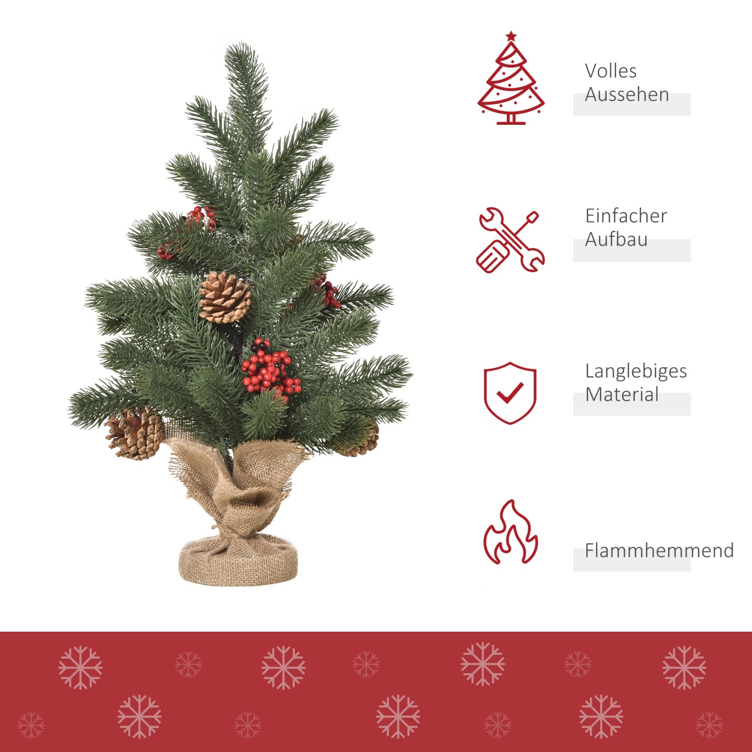 HOMCOM Mini-Weihnachtsbaum, 50 cm, mit roten Beeren und Jute-Fuß für festliche Deko.