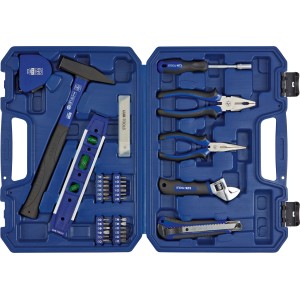 Offener, blauer LUX Werkzeugkoffer Classic, 39-teilig mit Hammer, Zangen, Schraubenschlüssel, Wasserwaage und Bits.