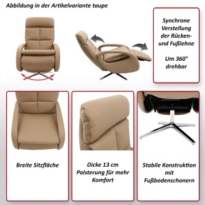 Drehbarer MCW Relaxsessel L11 aus Leder in Taupe, mit verstellbarer Rücken- und Fußlehne.