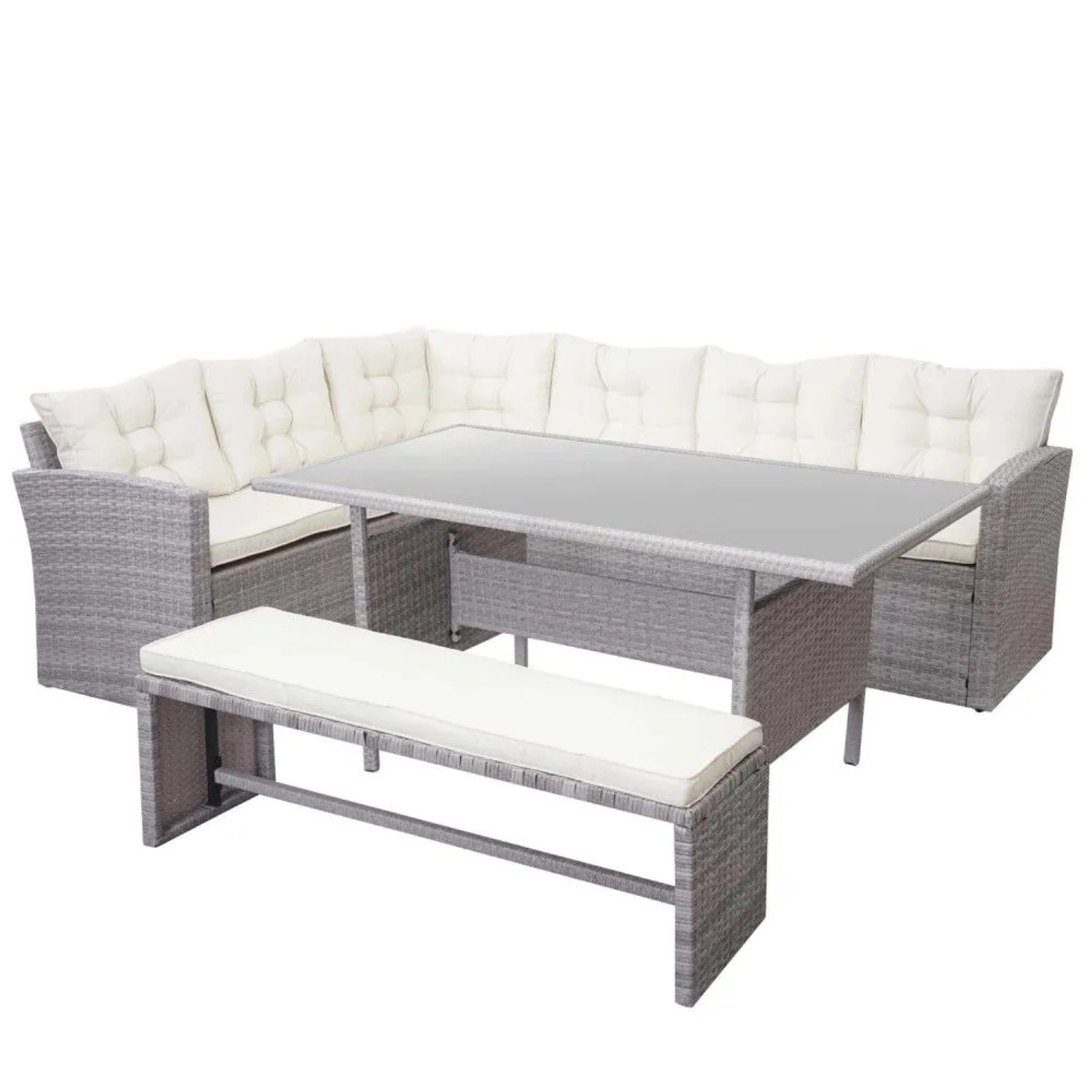 MCW Poly-Rattan-Garnitur A29 Hellgrau Kissen Creme mit Bank