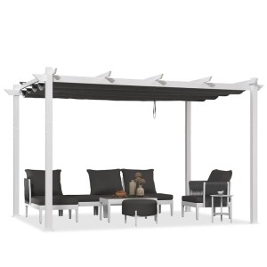 Weiße Purple Leaf Pergola 300x400 cm mit Schiebedach und Sitzgruppe. Markise für Terrasse & Garten.
