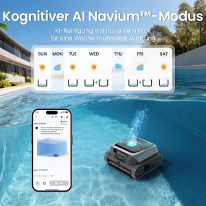 Aiper Scuba V3 Poolroboter reinigt im Pool. App-Steuerung mit KI-Wochenplanung für mühelose Pflege.