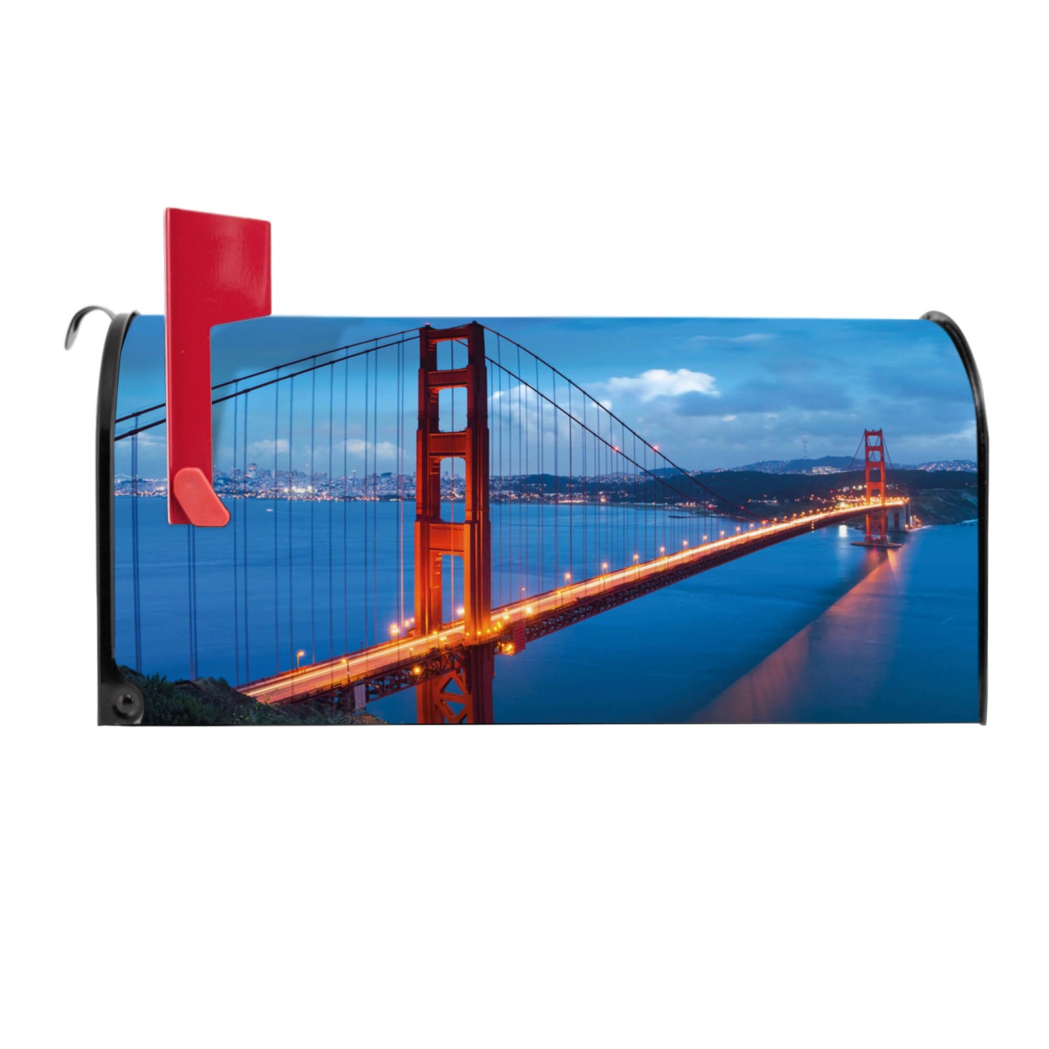Schwarzer US Briefkasten mit Golden Gate Bridge Motiv, Stahl, 48x22x16cm.