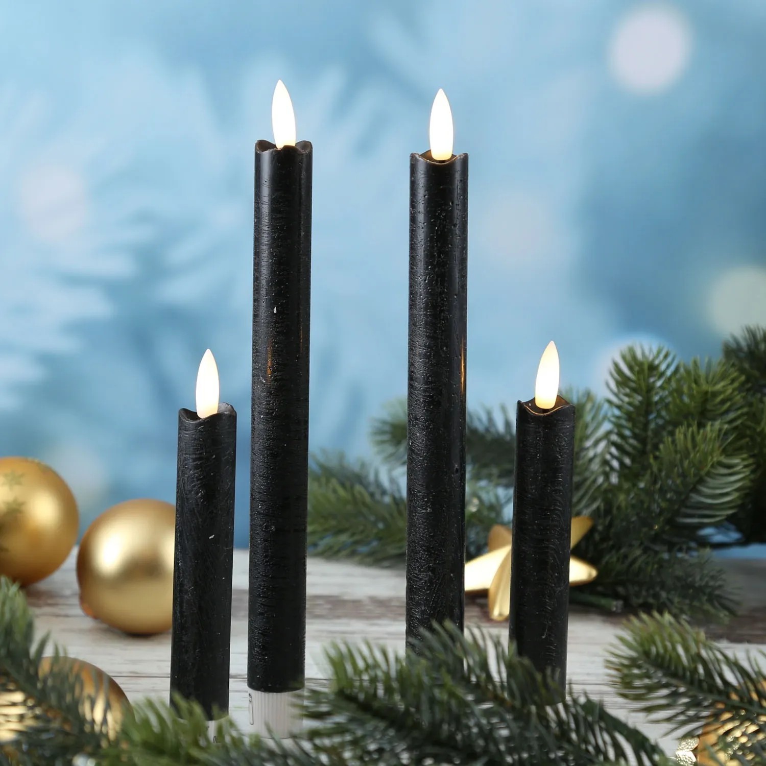 Marelida LED Stabkerzen, 2er Set, schwarz, mit flackerndem Licht und Timer. Echtwachs.