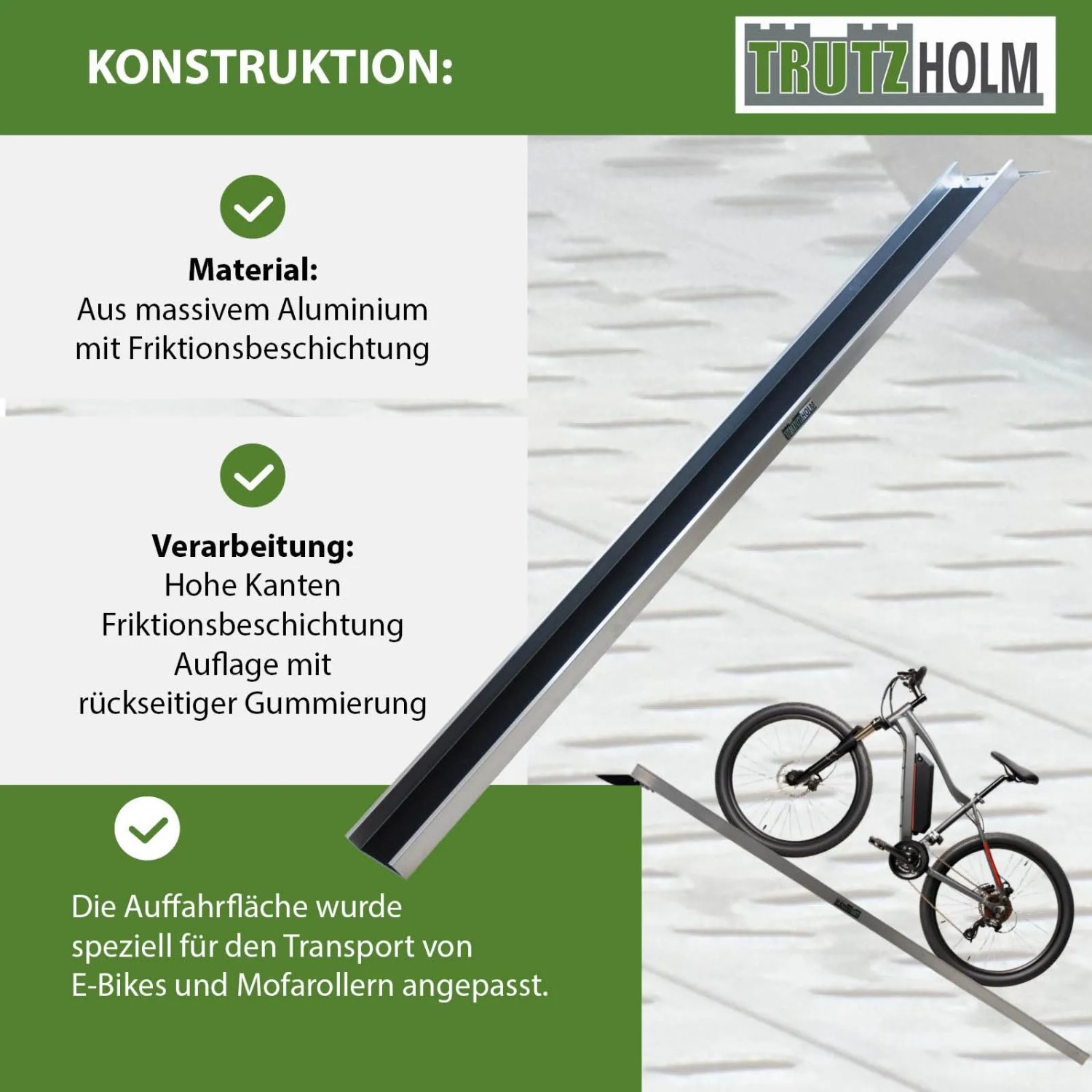 TRUTZHOLM Alu Auffahrschiene, 194 cm, mit rutschfester Beschichtung, ein E-Bike wird verladen. Ideal für Autoanhänger.