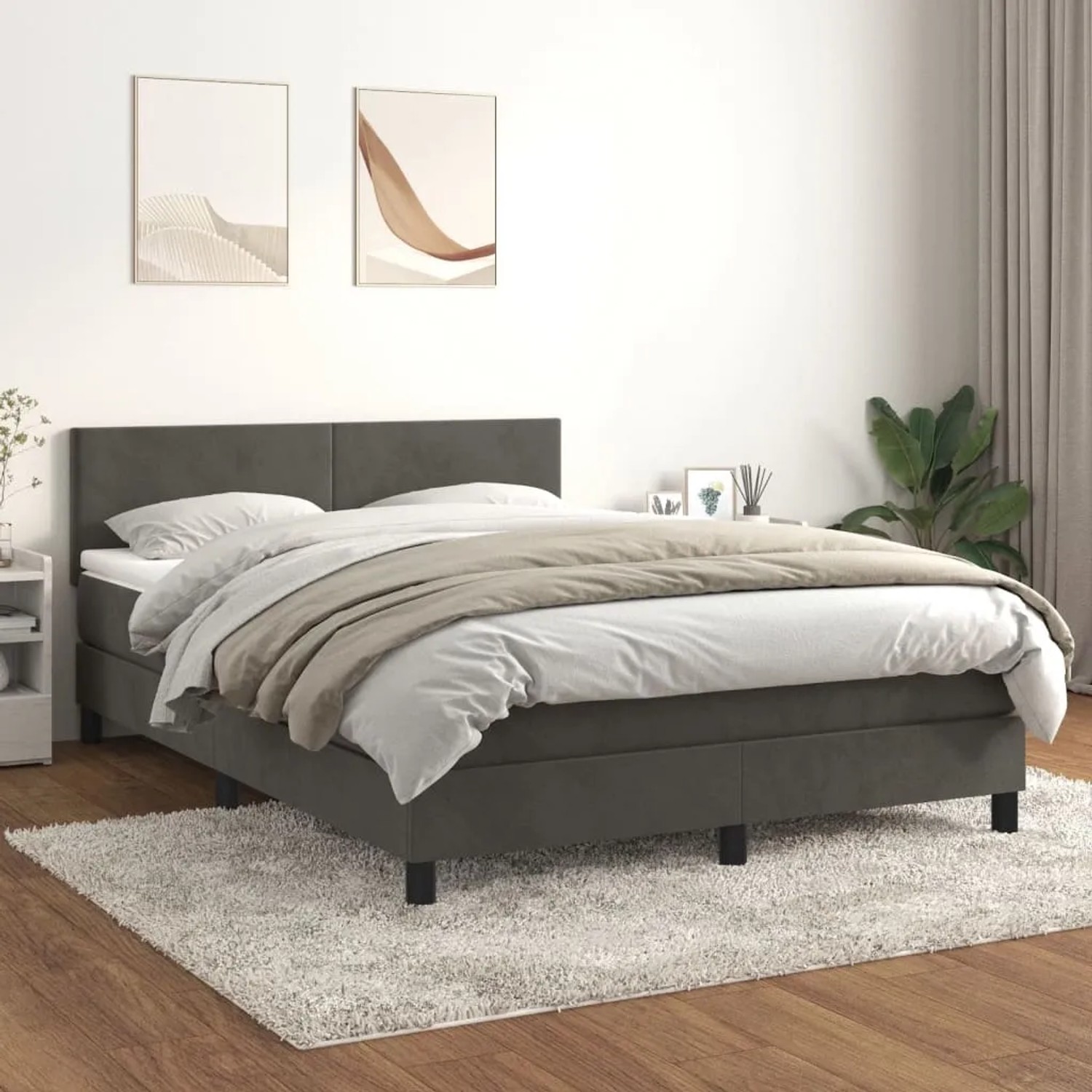 Dunkelgraues vidaXL Boxspringbett (140x190 cm) mit Matratze und Samtbezug im Schlafzimmer.