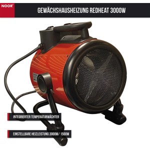 Redheat Gewächshausheizung 3000W mit Thermostat und IP24 Schutz.