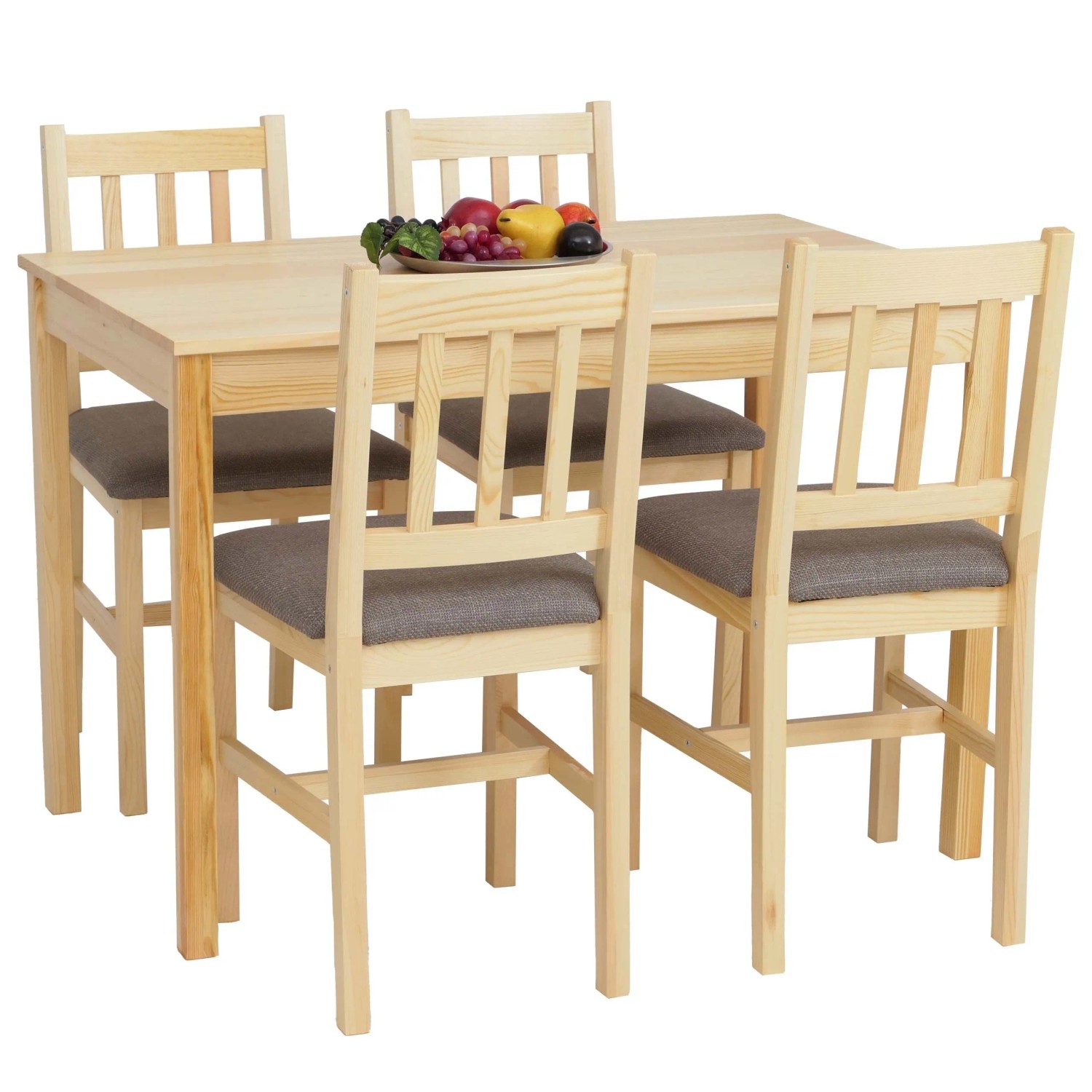 Essgruppe Landhausstil aus Kiefer Massivholz Natur, Tisch und 4 Stühle mit grauen Polstern.