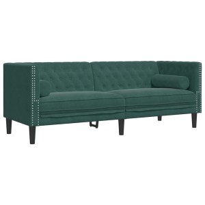 Dunkelgrünes 3-Sitzer Chesterfield Sofa aus Samt mit Nackenrollen.