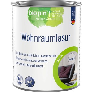 Dose Biopin Wohnraumlasur Weiß, lösemittelfrei, für Holz im Innenbereich, 375ml.