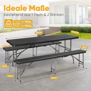 Sekey Bierzeltgarnitur 180cm, klappbar, mit Tisch und 2 Bänken in Holzoptik, schwarz. Ideal für Garten und Party.