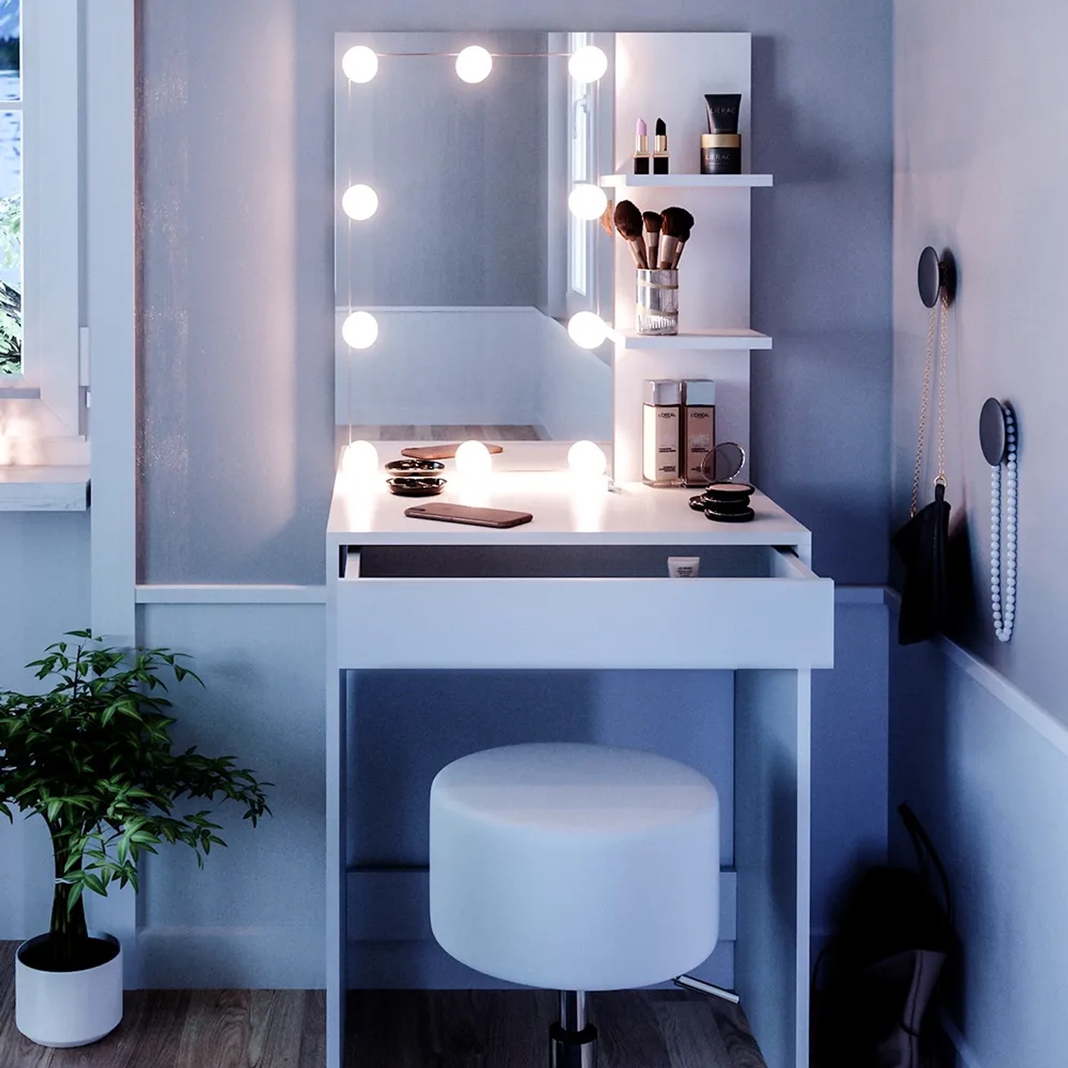 Weißer Vicco Schminktisch Isabelle 60 cm mit LED und Hocker. Frisiertisch mit Beleuchtung.