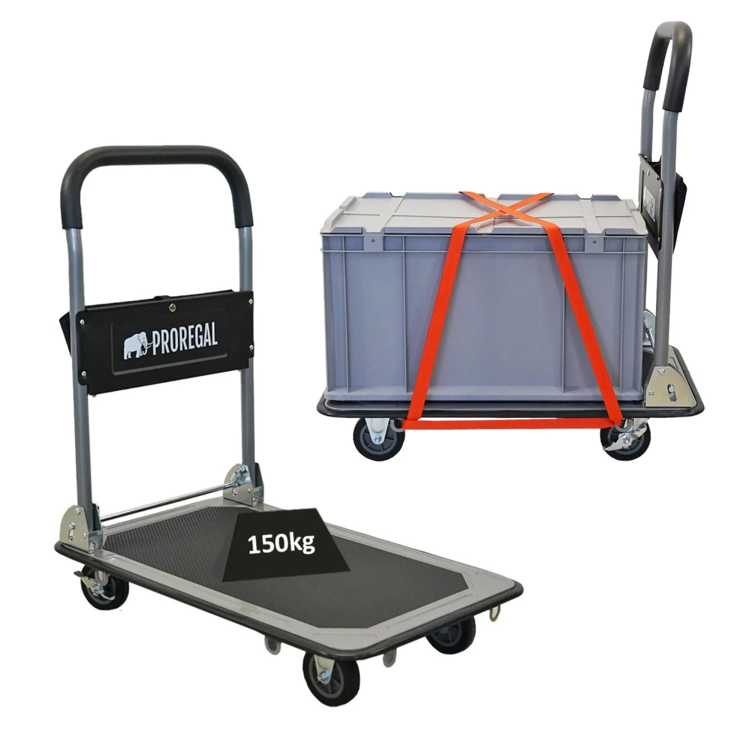 PROREGAL Transportwagen RHINO 150, klappbar, mit Werkzeugtasche und Sicherungsösen. Traglast 150kg.