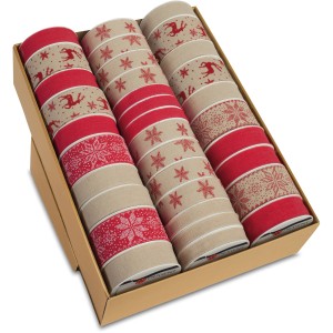 Sortiertes, weihnachtliches Geschenkband in Leinenoptik (2 m) mit verschiedenen Mustern.