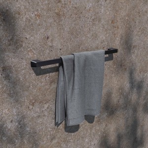 Keuco Badetuchhalter Rose, 80 cm, schwarz-matt mit grauem Handtuch an Wand montiert.