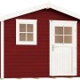 Schwedenrotes Gartenhaus mit Satteldach, weißem Fenster und Tür. Holz-Gartenhaus.