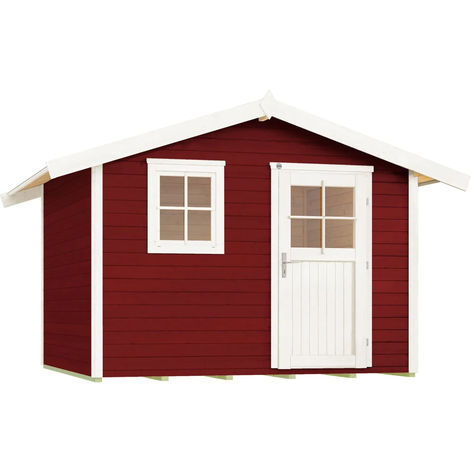 Schwedenrotes Gartenhaus mit Satteldach, weißem Fenster und Tür. Holz-Gartenhaus.