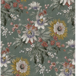 Sublime Vliestapete mit elegantem Blumenmuster in Grau und Bunt.