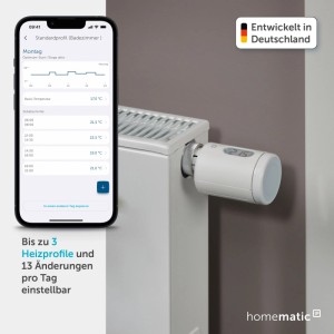 Homematic IP Starter Set Heizen: Heizkörperthermostat mit App-Steuerung am Heizkörper und Smartphone.