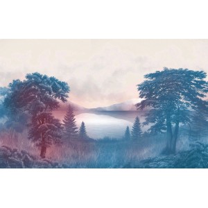 Komar Fototapete Forestland mit Waldsee in Blau und Rosa, 400x250 cm.
