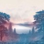 Komar Fototapete Forestland mit Waldsee in Blau und Rosa, 400x250 cm.