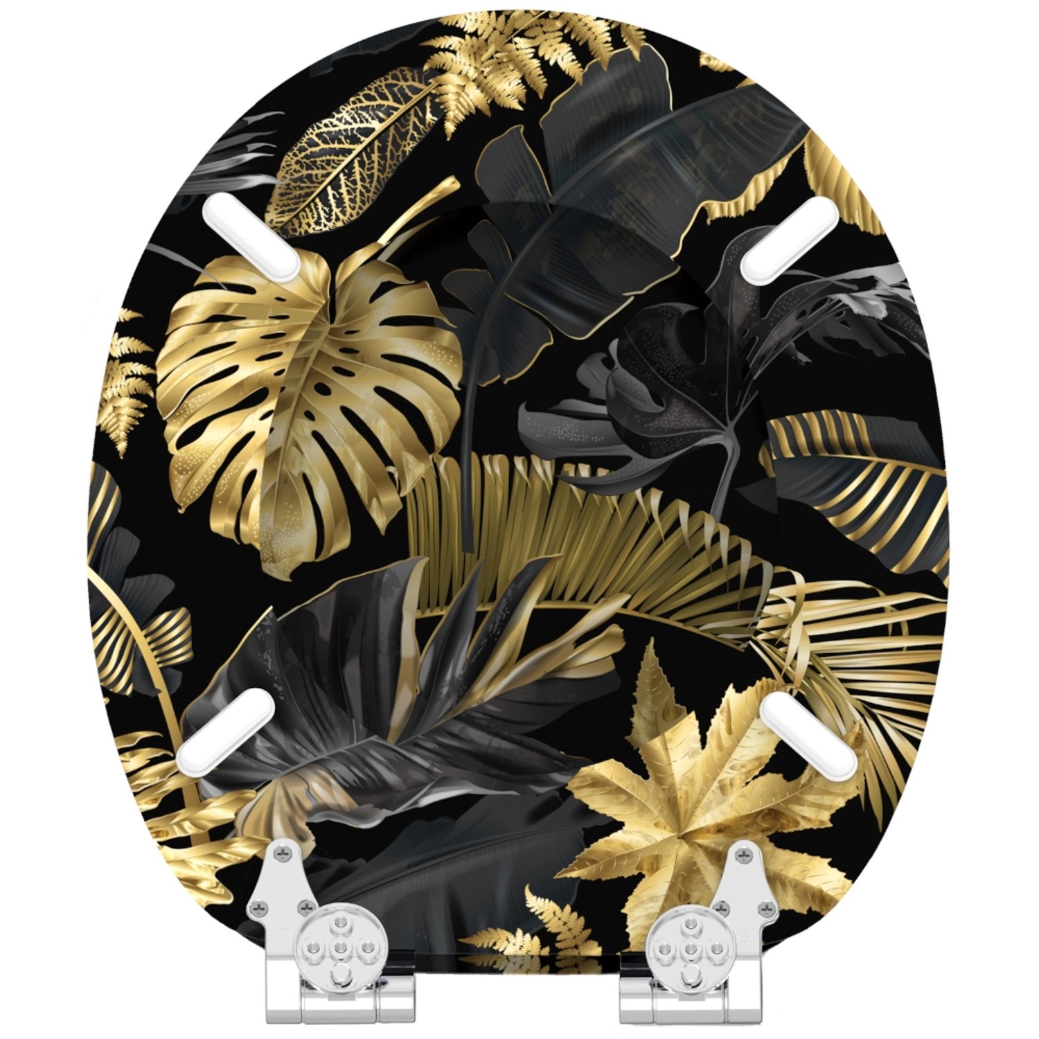 Sanilo WC-Sitz Golden Leaves: Toilettendeckel aus Holz mit goldenen Blättern auf schwarzem Grund.