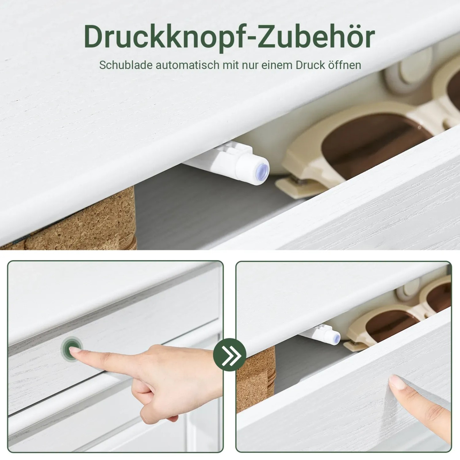 Weiße Schublade des SoBuy Schuhschranks mit Push-to-Open Funktion. Ein Finger drückt, die Schublade öffnet sich automatisch. Ideal für kleine Gegenstände im Flur.
