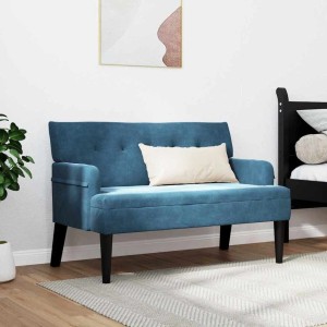 Blaue Samt Chesterfield Bank mit gepolsterter Rückenlehne und dunklen Holzbeinen. Moderne Sitzbank für Wohnzimmer oder Schlafzimmer.