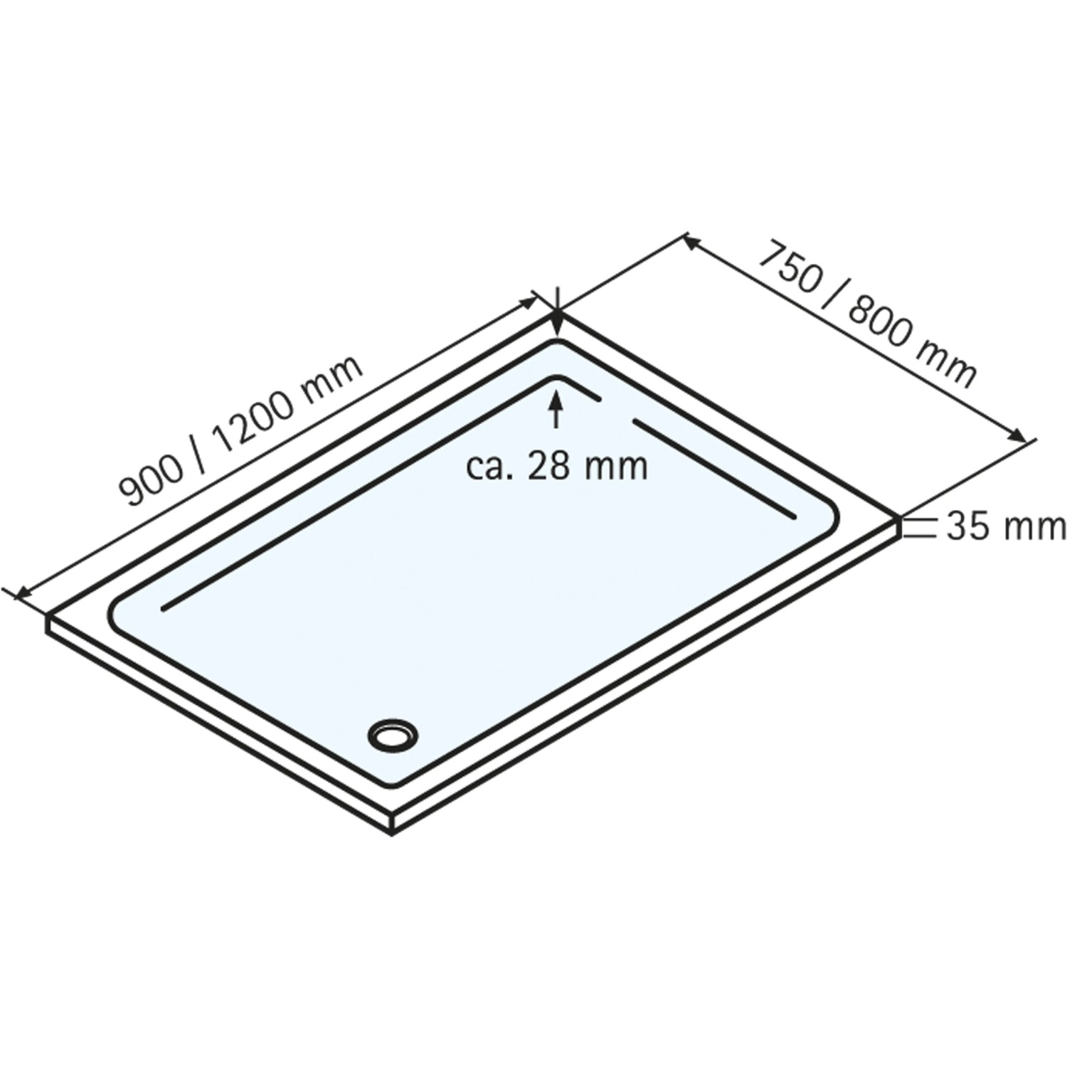Technische Zeichnung: Schulte Duschwannen-Set, extraflach, rechteckig, 120x80 cm, Alpinweiß, mit Maßangaben.