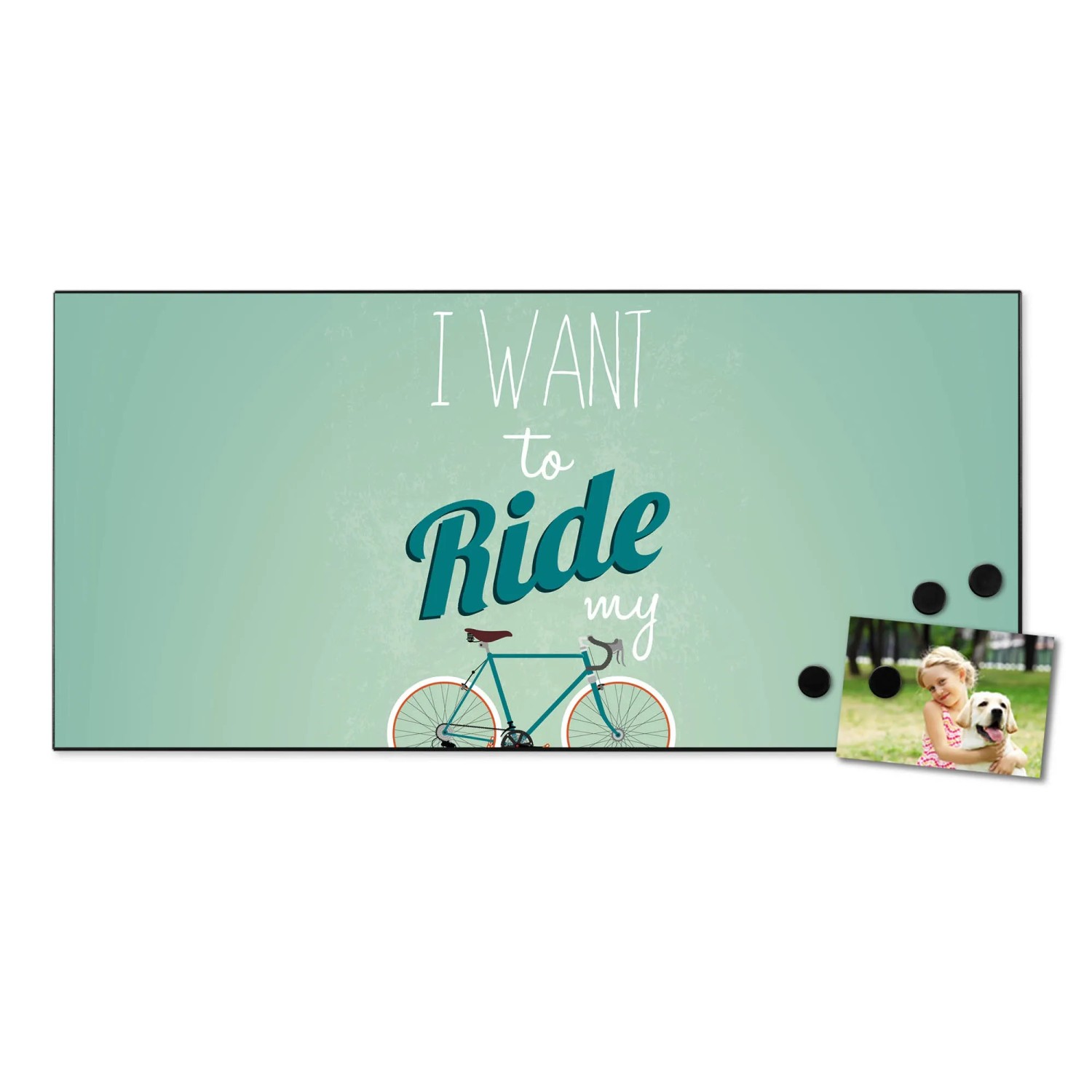 Schwarze Magnettafel 78x37cm mit Fahrrad-Motiv, inklusive Magneten und Foto. Wanddekoration für Notizen.