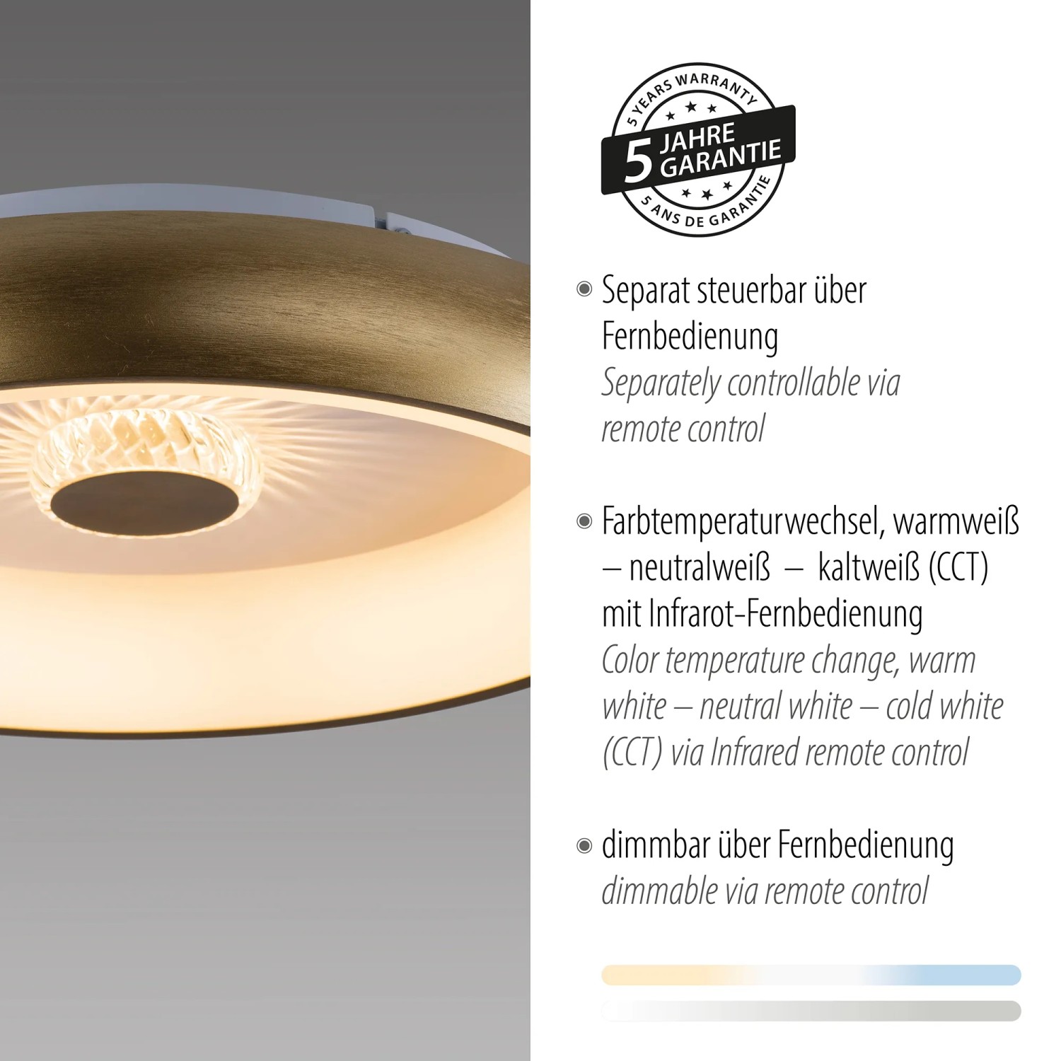 LED-Deckenleuchte Vertigo in Messing-Optik, dimmbar und mit Kristalleffekt.