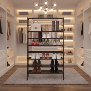 Schwarzes Metall Schuhregal mit 10 Ebenen, gefüllt mit verschiedenen Schuhen und Tasche, in modernem Ankleidezimmer.