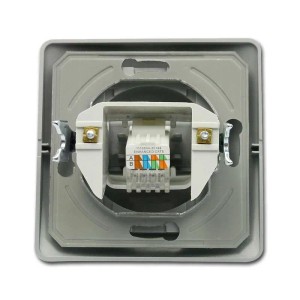 TEM EKONOMIK Netzwerkdose Cat5e Silber, Detailansicht der RJ45-Buchse mit Unterputzrahmen.