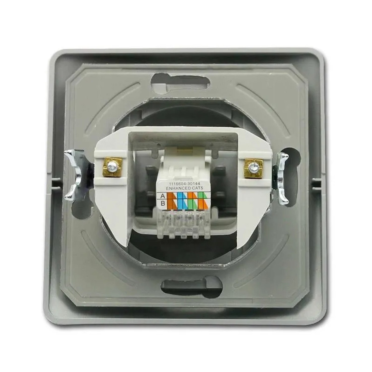 TEM EKONOMIK Netzwerkdose Cat5e Silber, Detailansicht der RJ45-Buchse mit Unterputzrahmen.