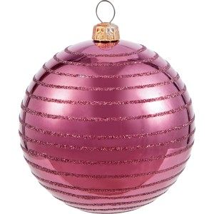 Weihnachtskugel in Beerenfarben mit glitzernden Streifen für den Weihnachtsbaum.