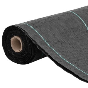 Rolle schwarzes vidaXL Unkrautvlies 1,5x150 m mit grünen Streifen, ein Gartenhilfsmittel.
