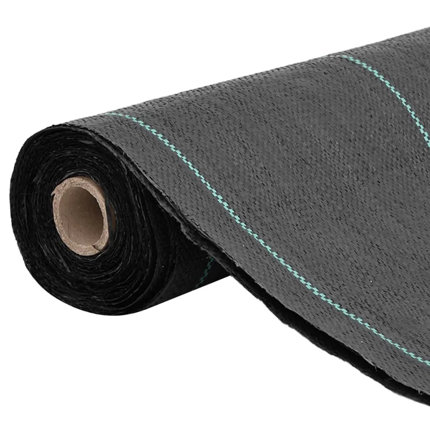 Rolle schwarzes vidaXL Unkrautvlies 1,5x150 m mit grünen Streifen, ein Gartenhilfsmittel.