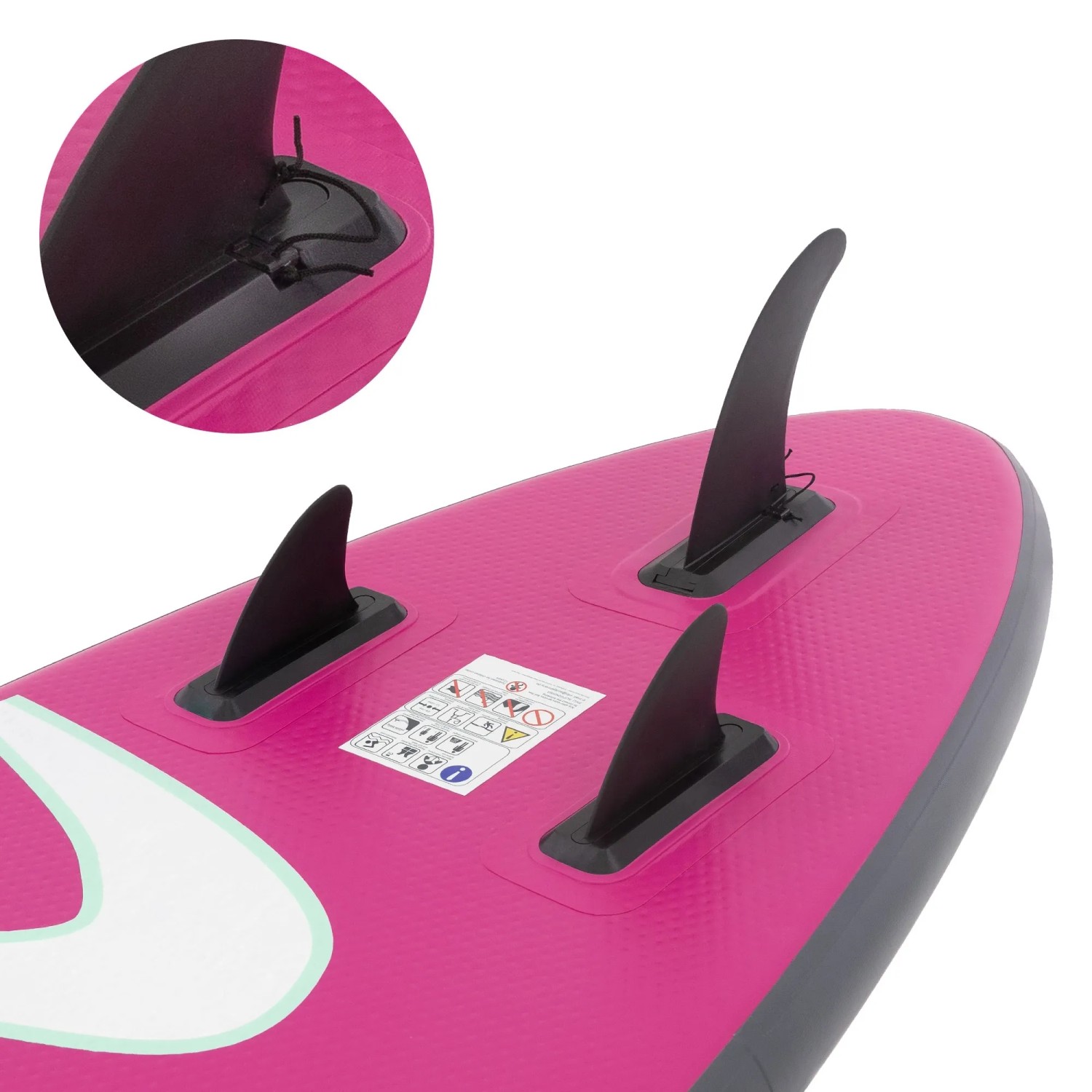 Detailansicht des rosa ECD Germany Stand Up Paddle Boards mit drei Finnen.