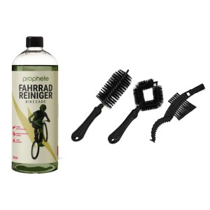 Prophete E-Bike Reiniger-Set mit 750ml Reiniger und 3 Bürsten zur Fahrradpflege.