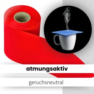 Roter Sensalux Vlies-Tischläufer (15cm x 25m) neben einer Tasse mit blauem Deckel.