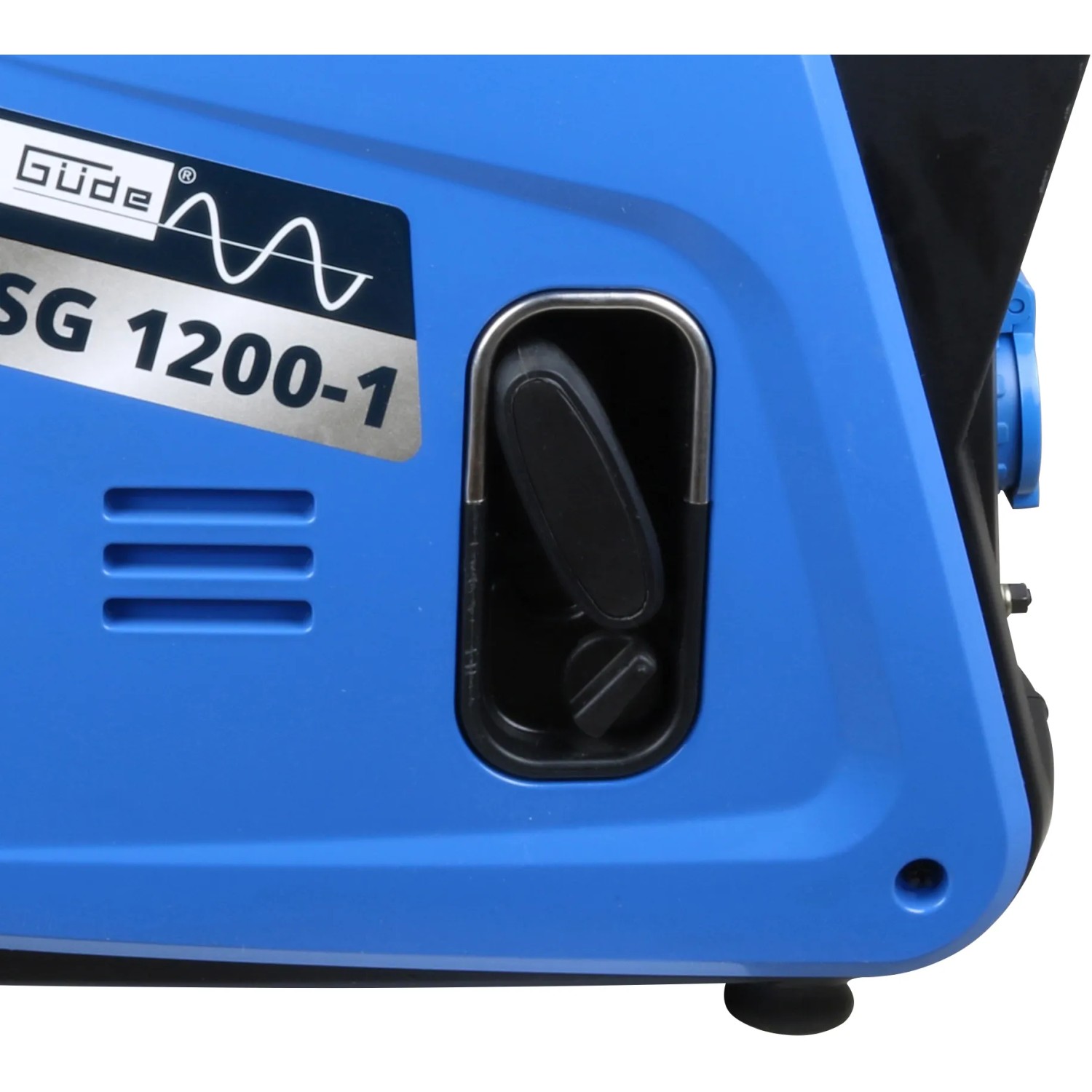 Detailaufnahme: Blauer Güde Inverter Stromerzeuger ISG 1200-1 Benzin mit Bedienelementen.