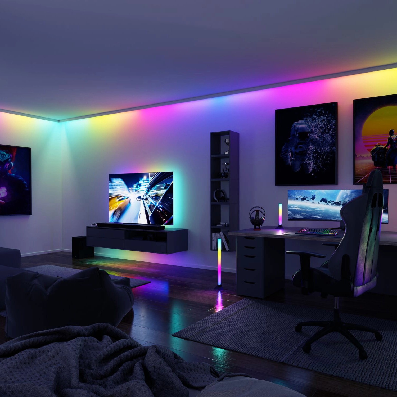 Wohnzimmer mit Paulmann EntertainLED Streifen am TV und Decke für indirekte, farbige Beleuchtung.