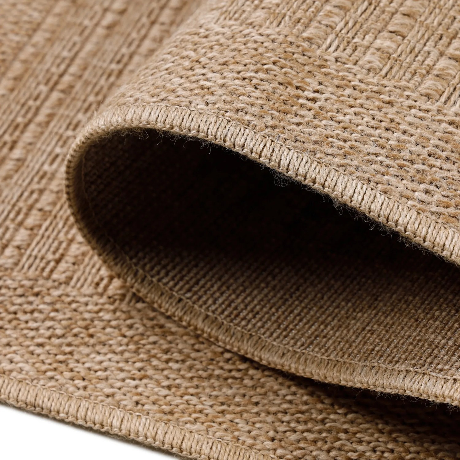 Beiger Ayyildiz Outdoor-Teppich Dhaka (80x250cm) in Sisal-Optik, Detailansicht der Webstruktur und Kante.