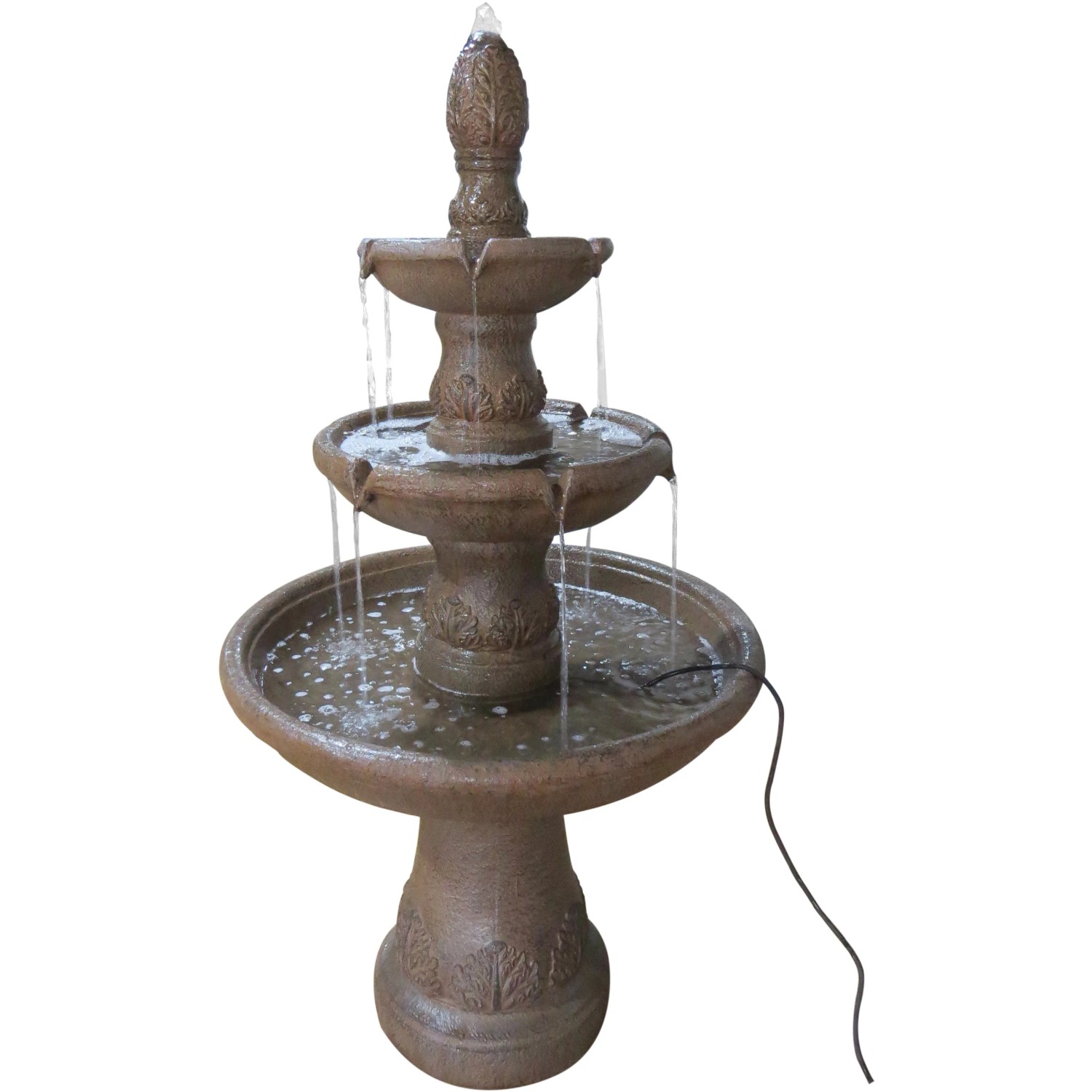 Silex Gartenbrunnen aus Kunststein in Rostbraun mit drei Ebenen und Pumpe.