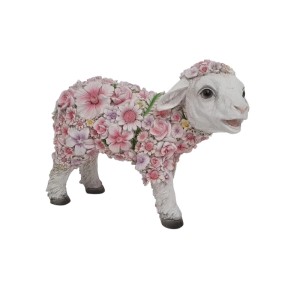 Stehendes Deko-Blumenschaf aus Polyresin, 22 cm, mit rosa und lila Blüten verziert. Für den Garten.