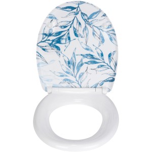 Wenko WC-Sitz Catala mit blauem Blätterdekor und Absenkautomatik, Ansicht von oben.