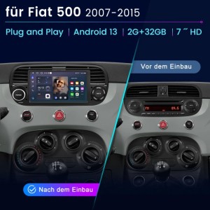 Junsun Autoradio für Fiat 500 (2007-2015), Vorher-Nachher-Vergleich des Armaturenbretts.