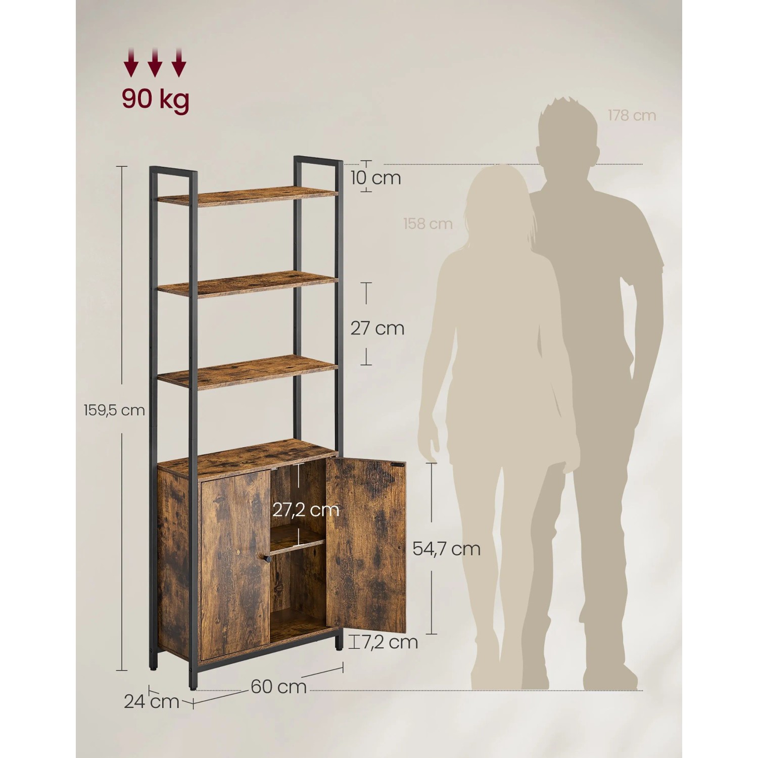 Vasagle Bücherregal, 159,5 cm hoch, braun-schwarz, mit offenen Regalen und Schrankfach.