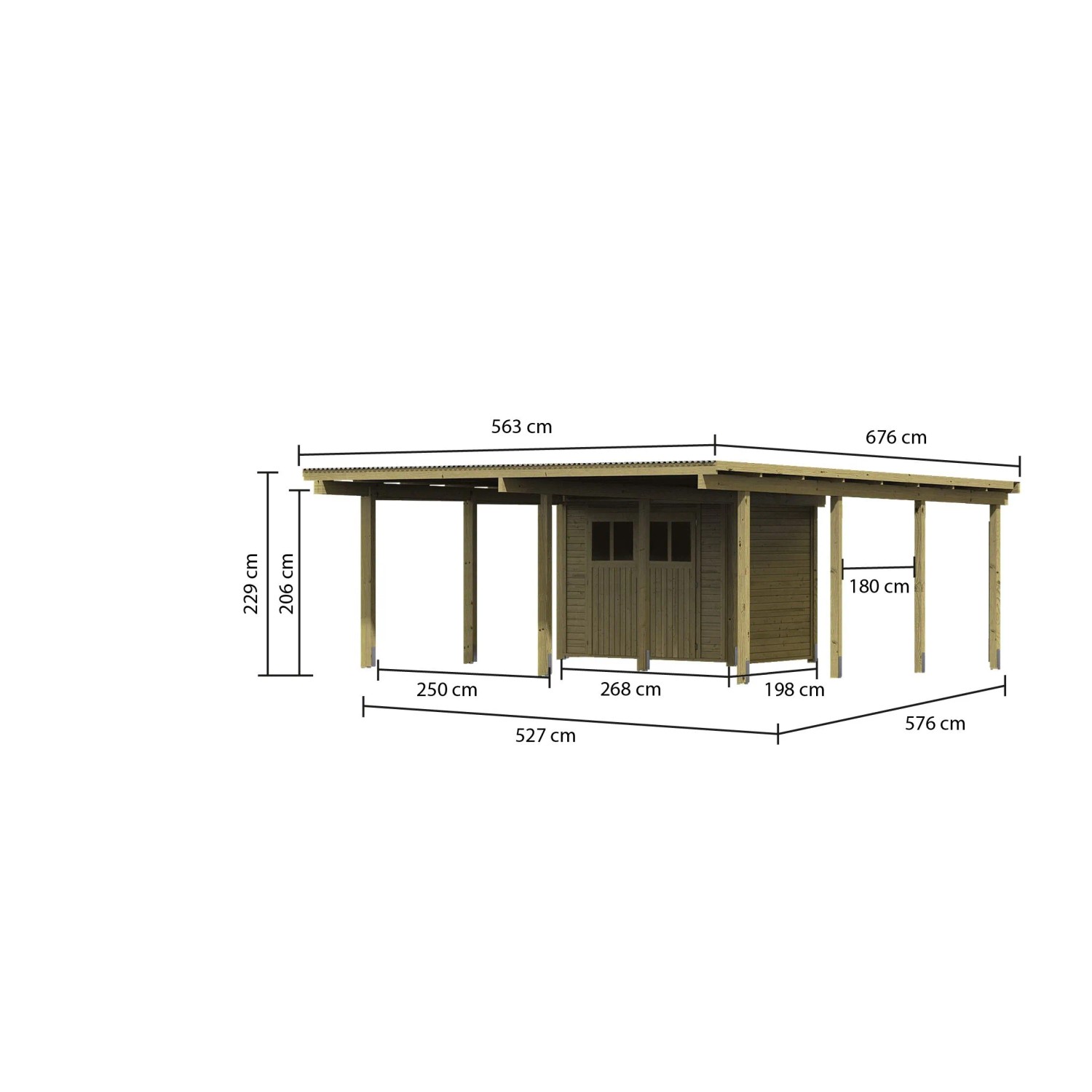 Karibu Doppelcarport Eco 2 mit Abstellraum, Holzkonstruktion mit PVC-Dach, Maße eingezeichnet.